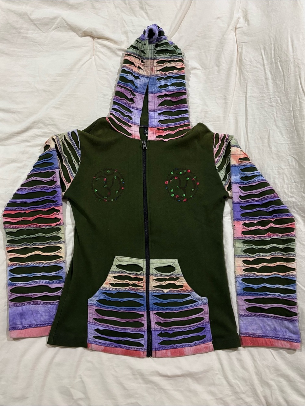 DNA couture Olive Green Hooded Zip Sweatshirt with Pastel Multicolor Cutouts